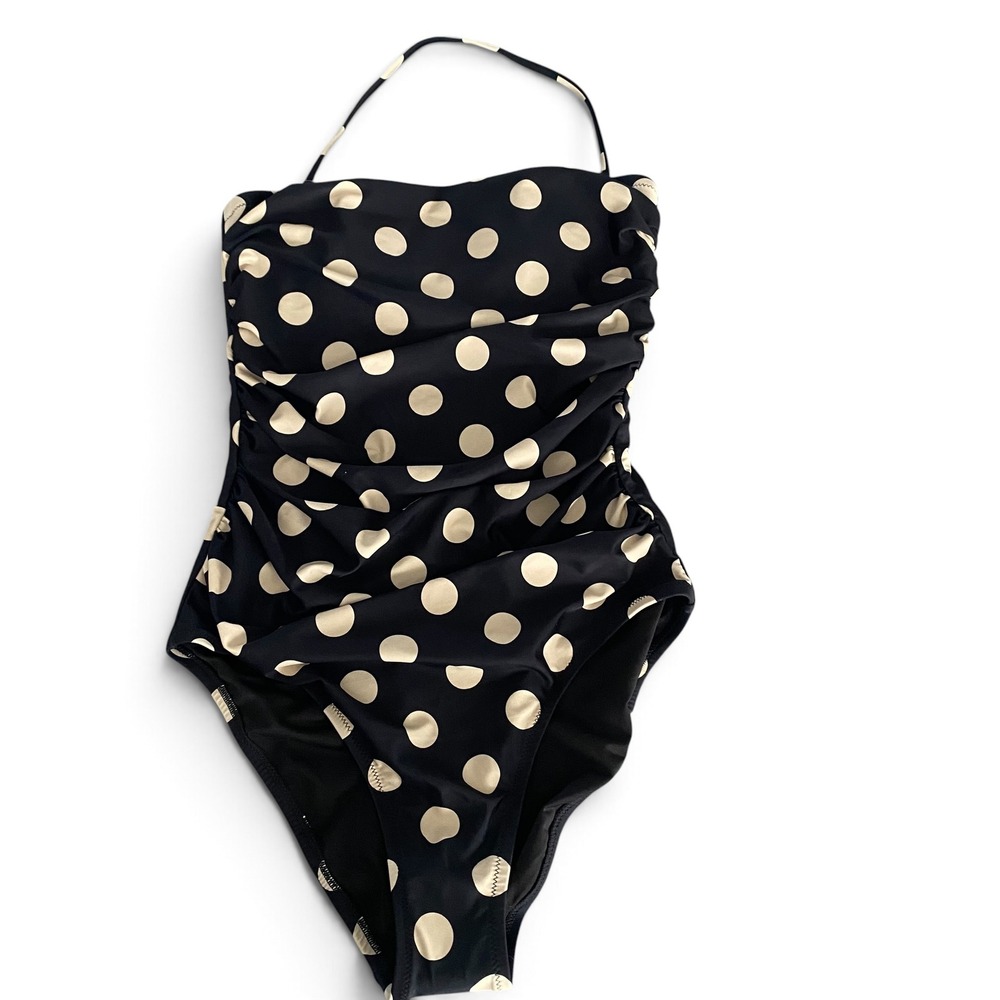 J.Crew Swimsuit Women 6 Black Polka Dot Ruched Bandeau One Piece Rockabilly